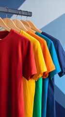 Obraz premium Colorful T-Shirts Hanging on a Rack in a Bright Retail Store During the Day