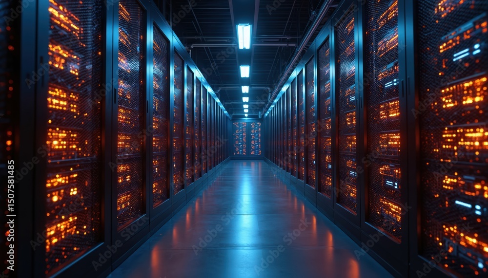 Poster server racks data center room. modern tech digitalization concept. data flow visualization. internet