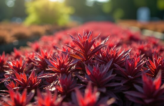 Vibrant Coprosma Pacific plant, red burgundy leaves, farm agricultural background. Natural beauty flora, close-up view, perfect for eco design, botany publications, houseplant, garden.