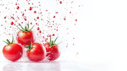 Fresh red tomatoes splashing in water with droplets against a clean white background.