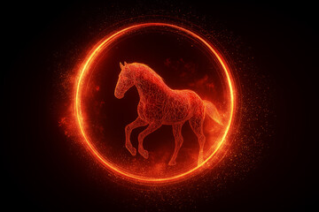 Dancing horse silhouette illuminated by fiery glow in dark space