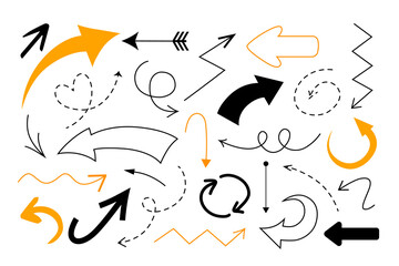 Vector cartoon collection of hand drawn arrows different direction, curved, straight, zigzag, bold, thin etc. isolated on white background.