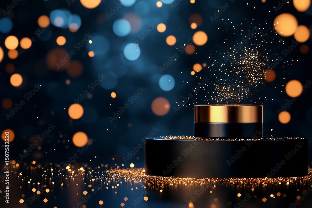 Poster sparkling golden particles rise from a shiny black platform in a dark setting with bright bokeh ligh