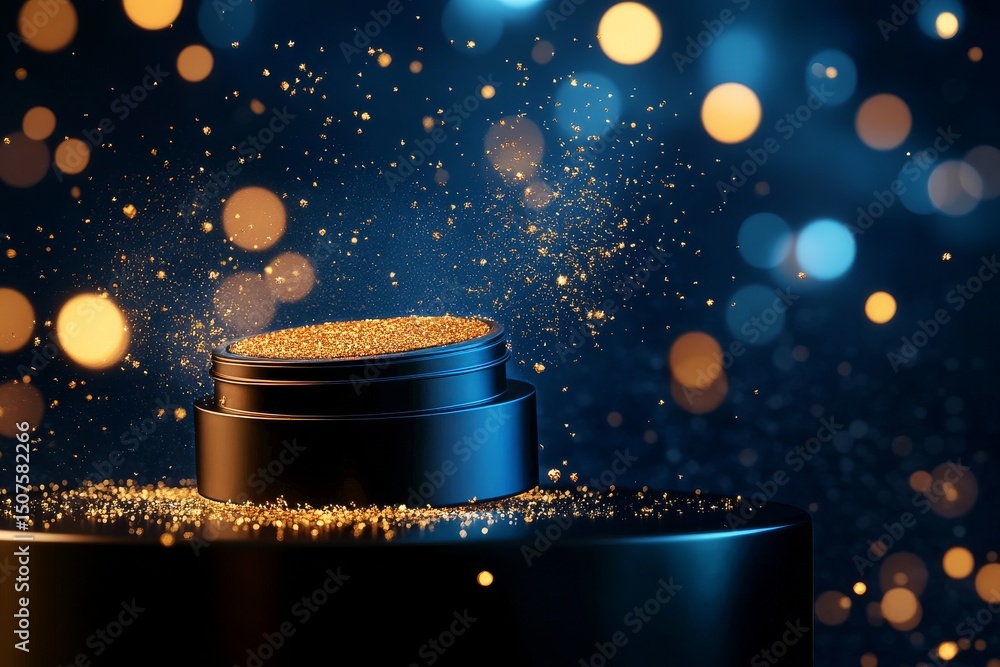 Poster sparkling golden particles rise from a shiny black platform in a dark setting with bright bokeh ligh