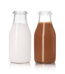 Chocolate drink and milk in glass bottles isolated on white