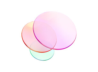 Set 3d glass round shape icon. Transparent circle podium, plate, disk, lens flying. Abstract color crystal element. Pastel gradient platform with glass morphism effect. Vector realistic illustration