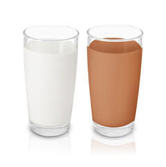 Chocolate drink and milk in glasses isolated on white