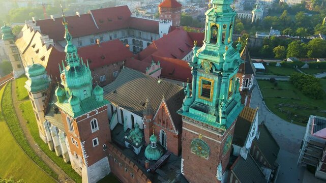 Wawel Castle architectural complex on the left Vistula Krakow Poland drone view landscape city