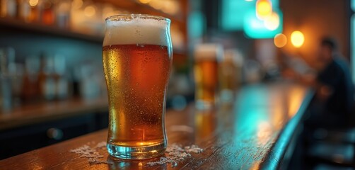 Glass frosty beer stands on wooden bar counter. Pilsner glass with foam and bubbles. Pub interior, blurred background, warm lights. Man at bar, drinking alcohol beverage, relax.