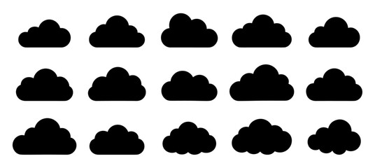 Vector set of black cloud icons in flat style, ideal for weather apps, UI,UX design, infographics, dashboards, and digital forecasting visuals. Includes various cloud shapes and silhouette.