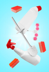 Toilet brush and other cleaning supplies in air on light blue background