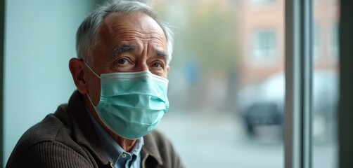 Elderly man wearing medical face mask looks through window. Senior male protects himself from virus. Focus on eyes. Concept of quarantine isolation. COVID-19 protection.
