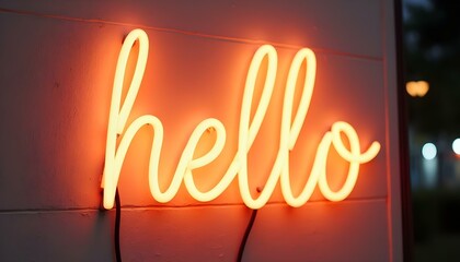 High resolution picture with neon lettering text Hello on white brick wall.
