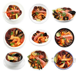 Delicious seafood soup in bowls isolated on white, collage. Top and side view