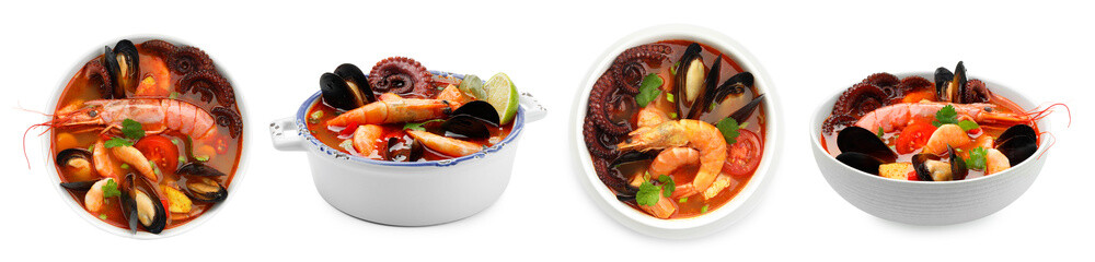 Delicious seafood soup in bowls isolated on white, collage