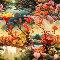 Vibrant floral seamless pattern depicting lush nature with bright colors and serene water bodies