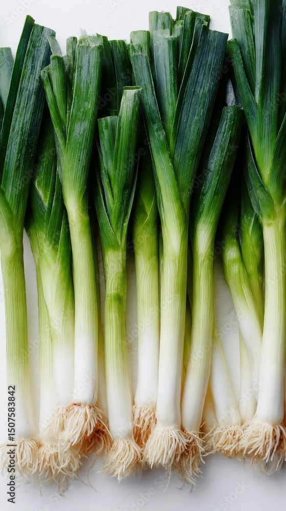 Poster fresh leeks arranged neatly on a white background for culinary use and presentation