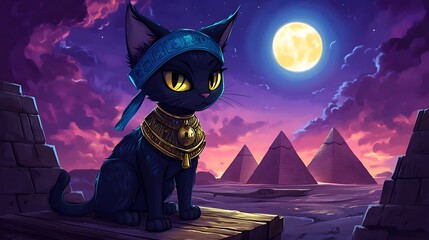 Black cat with golden collar in front of ancient pyramids.