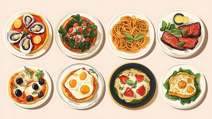 Various appetizing dishes displayed on plates.