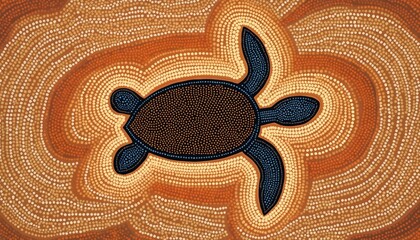 Minimalist Aboriginal dot art illustration features turtle, circular waves. Warm tones. Australian indigenous culture, heritage depicted with artistic storytelling in design. Concept evokes nature,