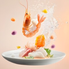 Shrimp and prawns are flying in the air with water splash. seafood concept