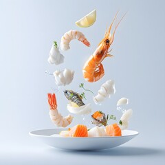 fresh shrimp salad. Seafood flying in the air on a white background.