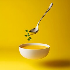 Pumpkin soup in a bowl with a spoon on a yellow background.