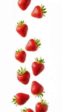 Fresa cayendo aislada sobre fondo blanco, lluvia de fresas

