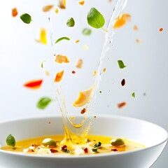 Vegetable soup with flying ingredients in white bowl on white background