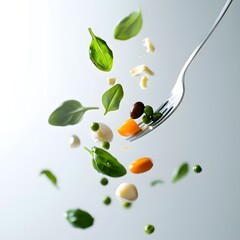 Spices and food ingredients falling from a fork on white background. Concept of healthy eating.