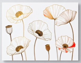 Wallpaper, pattern with white, red and gold poppies

