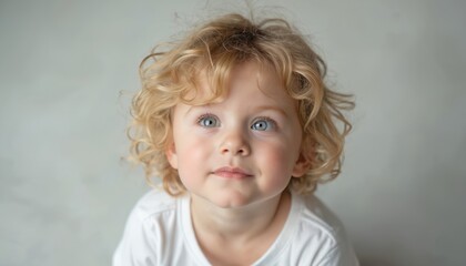 Naklejka premium Portrait young blonde child with blue eyes looks upwards. Girl with messy, curly hair, white shirt curious expression, emotion of innocence, joy. Beautiful child with natural beauty. Happy childhood
