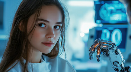 A young woman interacts with an advanced prosthetic robotic hand in a high-tech, futuristic lab setting. The image represents the convergence of human and artificial intelligence in technology