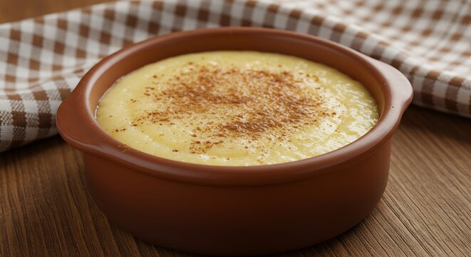 Creamy Curau de Milho Verde Brazilian corn pudding ceramic bowl cinnamon dust