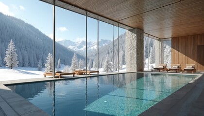 Indoor swimming pool with panoramic windows overlooking snowy mountains. Cozy wooden interior with lounge chairs. Winter vacation relaxation, spa holiday in eco-friendly modern luxury hotel resort.