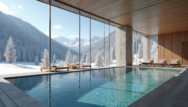 Indoor swimming pool with panoramic windows overlooking snowy mountains. Cozy wooden interior with lounge chairs. Winter vacation relaxation, spa holiday in eco-friendly modern luxury hotel resort. - Powered by Adobe