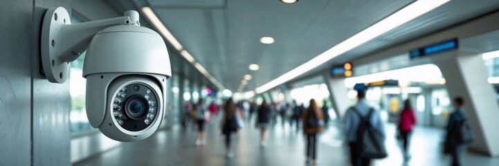 Dome surveillance camera monitoring indoor public area with people walking in blurred background