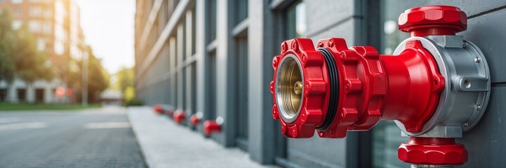 Red fire department connection on building exterior, emergency water supply access system
