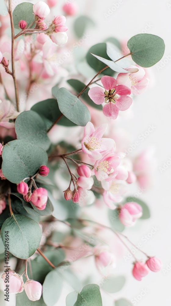 Poster delicate blossoms and greenery create a serene atmosphere in a soft light setting