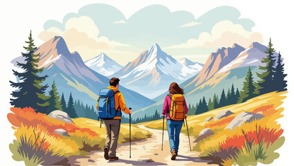 Two hikers explore a mountain trail, backpacks in tow, trekking poles in hand, enjoying the scenic view together. Vector illustration