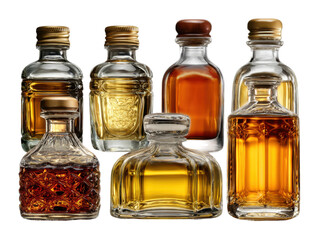 Crafted glass bottles display home bar beverage warm lighting artistry isolated on transparent background