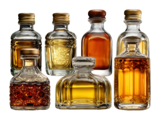 Crafted glass bottles display home bar beverage warm lighting artistry isolated on transparent background