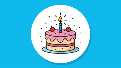 A colorful vector illustration of a birthday cake with a lit candle, cherries, and sprinkles on a blue background.