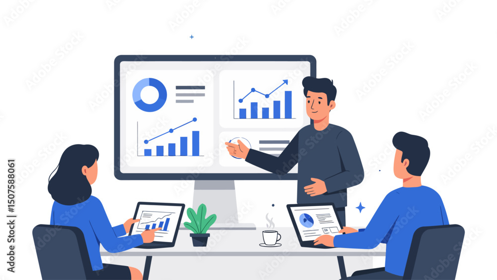 Aufkleber a business team is gathered for a presentation, focusing on data analysis and strategy using a large