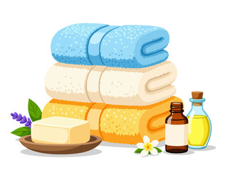 An inviting spa scene with neatly stacked towels, soap, essential oils, and a delicate flower for relaxation and self-care. Vector illustration. 