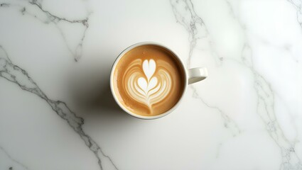Flat lay of latte art in ceramic mug on marble surface with natural light, minimal and clean style