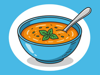 A bowl of creamy tomato soup, garnished with basil, sits ready to be enjoyed in a bright blue bowl. Vector illustration