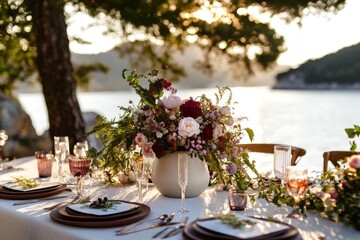 Fototapeta premium Decorative Beachside Table Set for an Elegant Evening Gathering With Beautiful Floral Arrangements