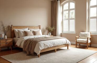 Cozy bedroom interior design. Modern wood furniture, soft carpet. Comfortable bed with pillows, armchair near window. Neutral beige tones create relaxing atmosphere for rest.