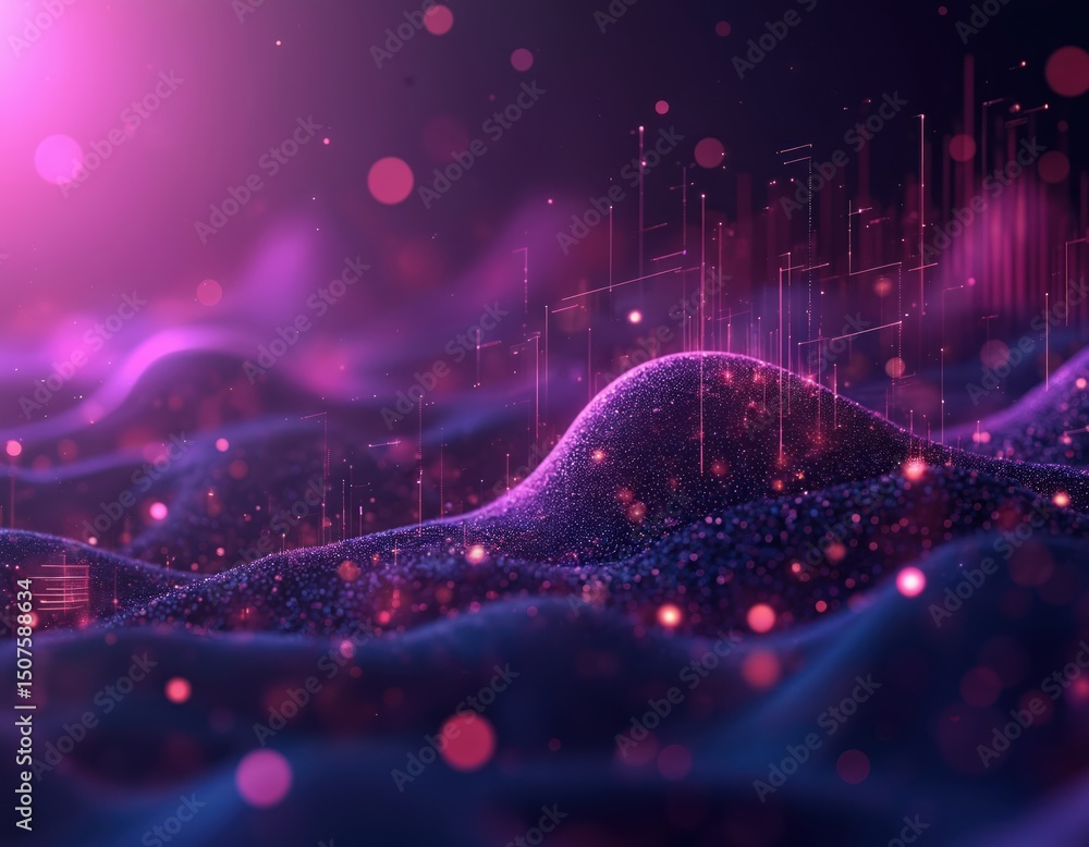 Poster abstract purple data visualization illustration. dynamic digital elements create futuristic tech des